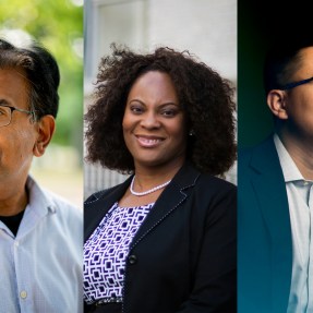 Headshots of three Northeastern professors, from left to right: Mansoor Amiji, Eno E. Ebong, Yun Raymond Fu.