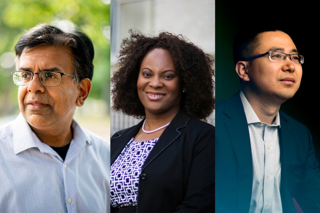 Headshots of three Northeastern professors, from left to right: Mansoor Amiji, Eno E. Ebong, Yun Raymond Fu.