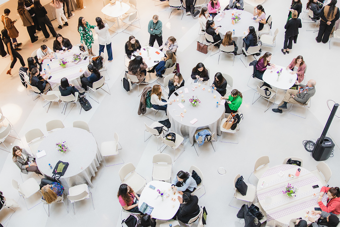 WISE Summit attendees sitting at round tbales with white tablecloths, photographed from above. 