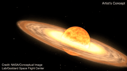 A red giant star and white dwarf orbitting each other in an animation of a nova.