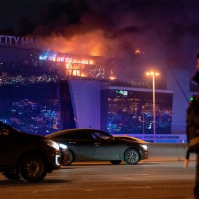 The Crocus City Hall burning in Moscow after a terrorist attack.