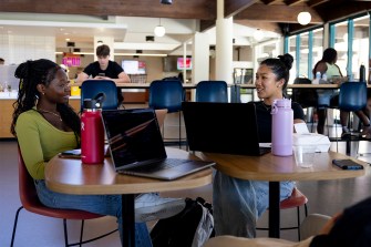 Two people work in front of their laptops inside a cafe.