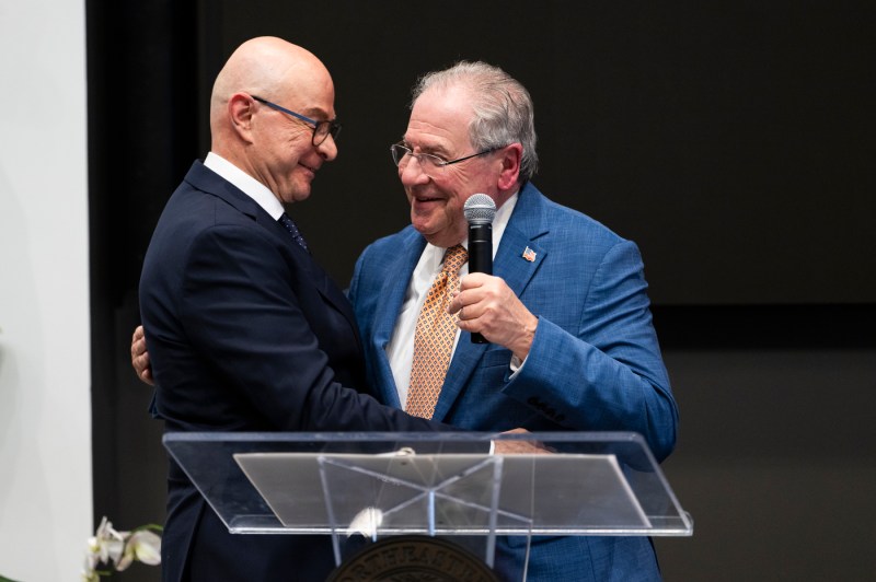 President Aoun greets a speaker at the Dukakis celebration.