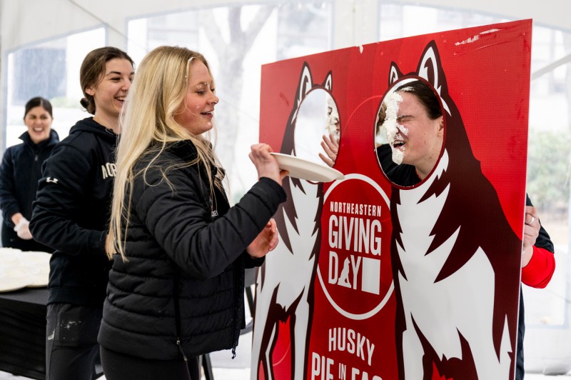 A person pie-ing someone in the face at Northeastern's Giving Day.