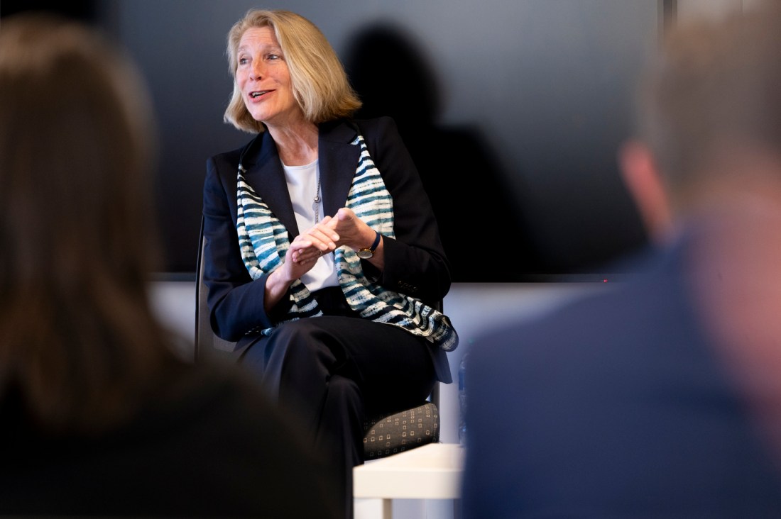 Karen Donfried gesturing while speaking at an event. 