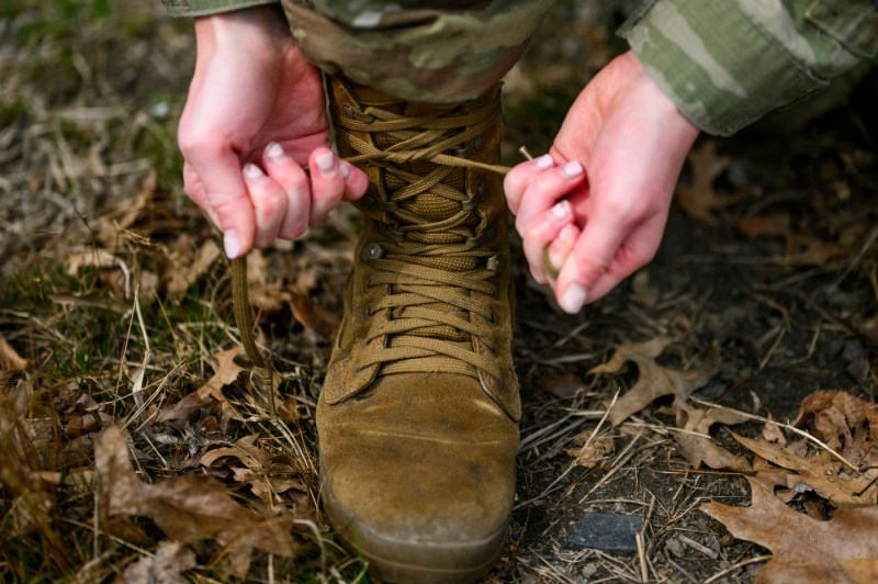 Kayla McCann lacing up her boots.