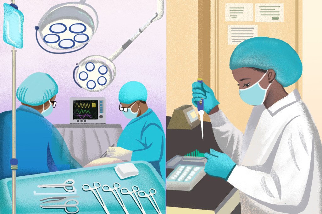 Illustration of a student working in a maternity ward in a hospital (left) and doing malaria research in the lab (right).