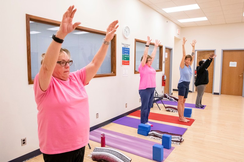 People in a yoga studio standing on yoga mats with their arms above their heads.