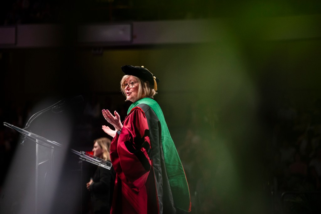 Deborah Dunshire speaking at the College of Science graduation ceremony.