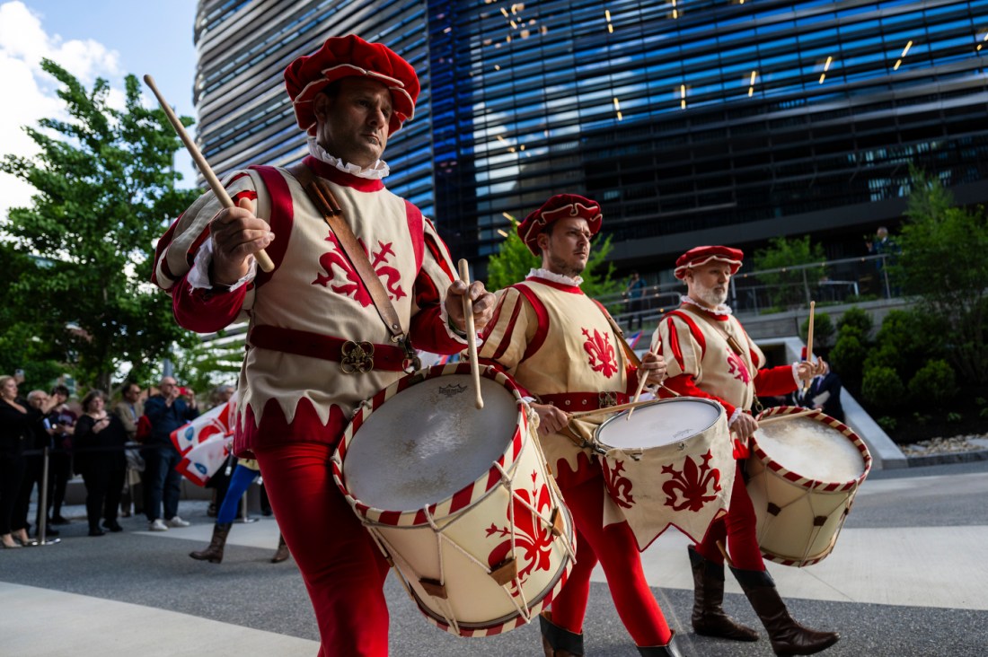 Drummers in Italian Regalia outside of EXP on the Boston Campus.