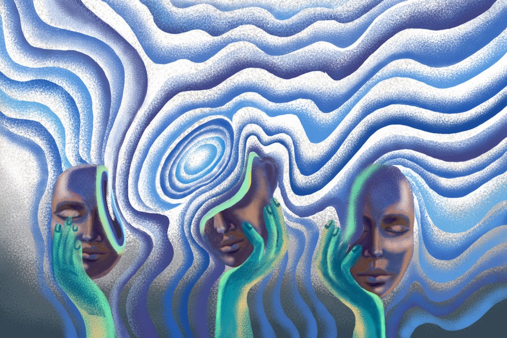 Blue swirls surround three heads held by green-colored hands over a grey background.