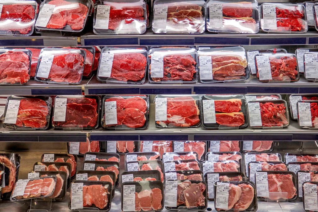 Packages of beef in a grocery store.