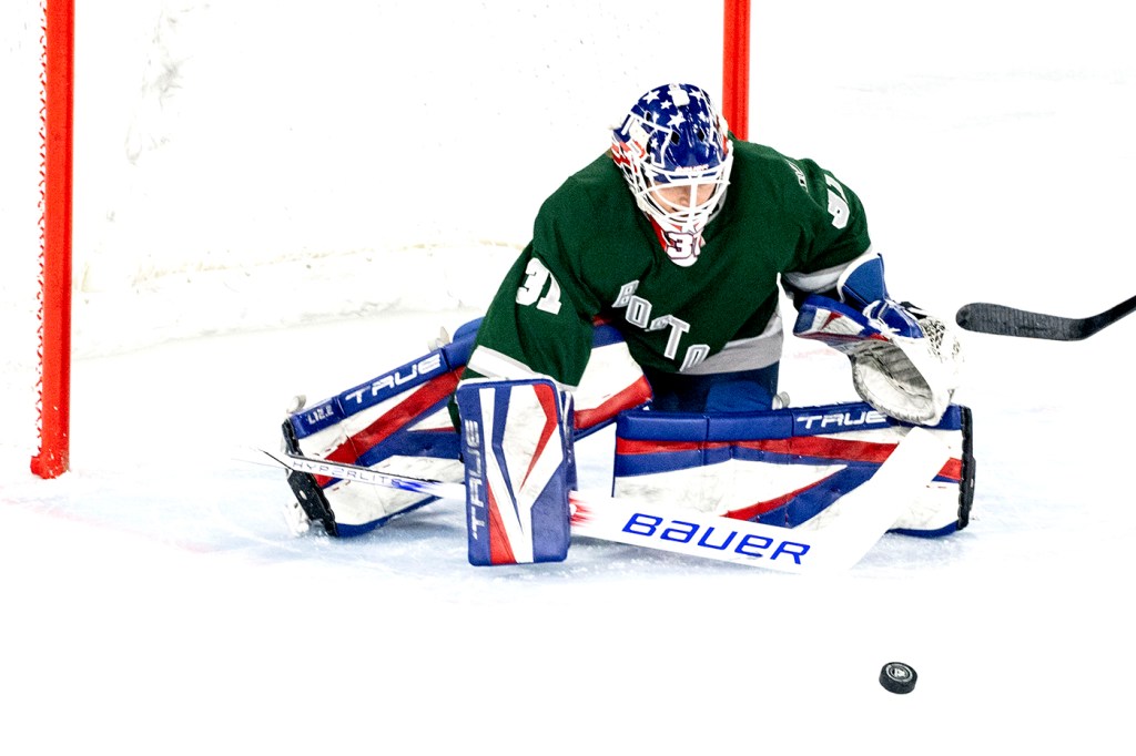 Aerin Frankel saving a shot on net in a PWHL game.