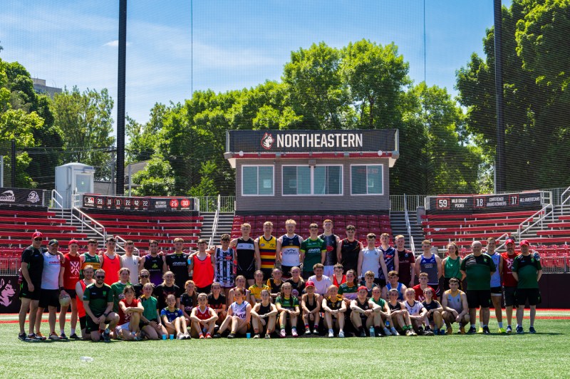 Group photo of the Queen's University Belfast gaelic football teams.