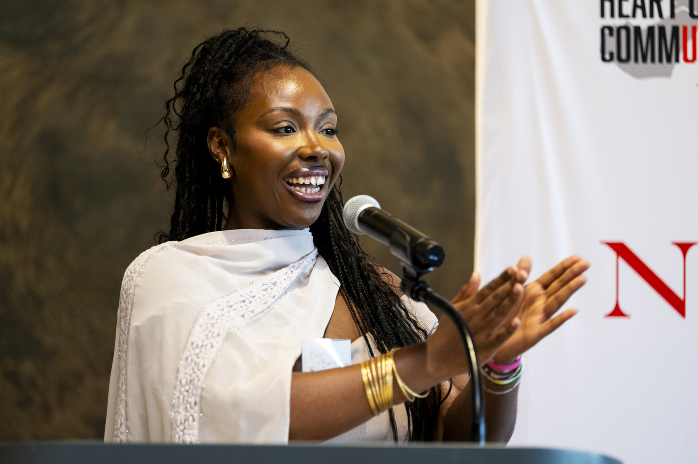 Bilguissa Barry speaking at the CommUNITY Awards 2024.