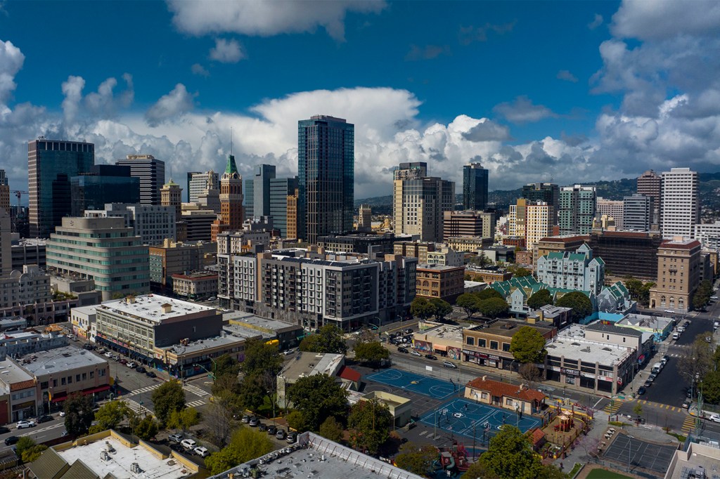 Aerial view of the Oakland skyline in California.