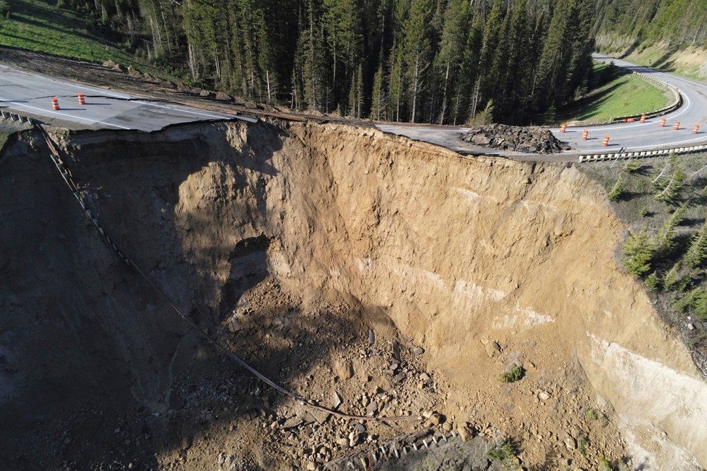 An aerial view of the collapsed Teton Pass in Wyoming.