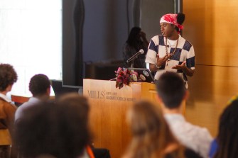 A speaker at the Northeastern Summer Youth Employment Program on the Oakland campus.