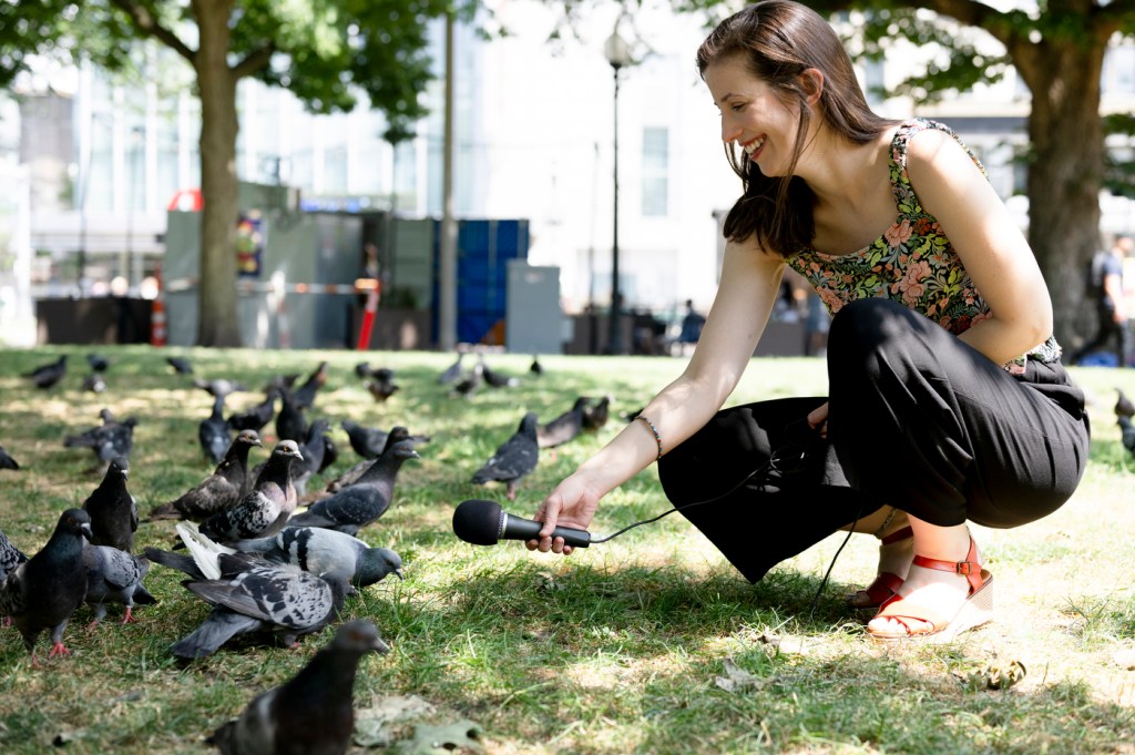 Emily Costa holding a microphone up to a flock of pigeons on the ground.