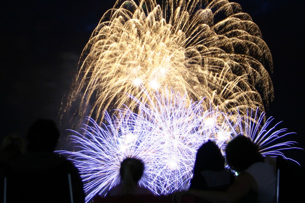 Spectators watch a fireworks show on the 4th of July.