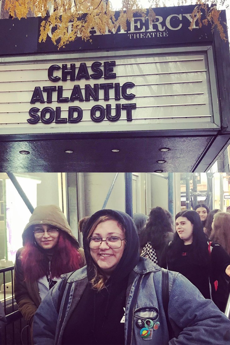 a crowd lined up outside the Gramercy Theatre with a sign reading 'Chase Atlantic Sold Out'.