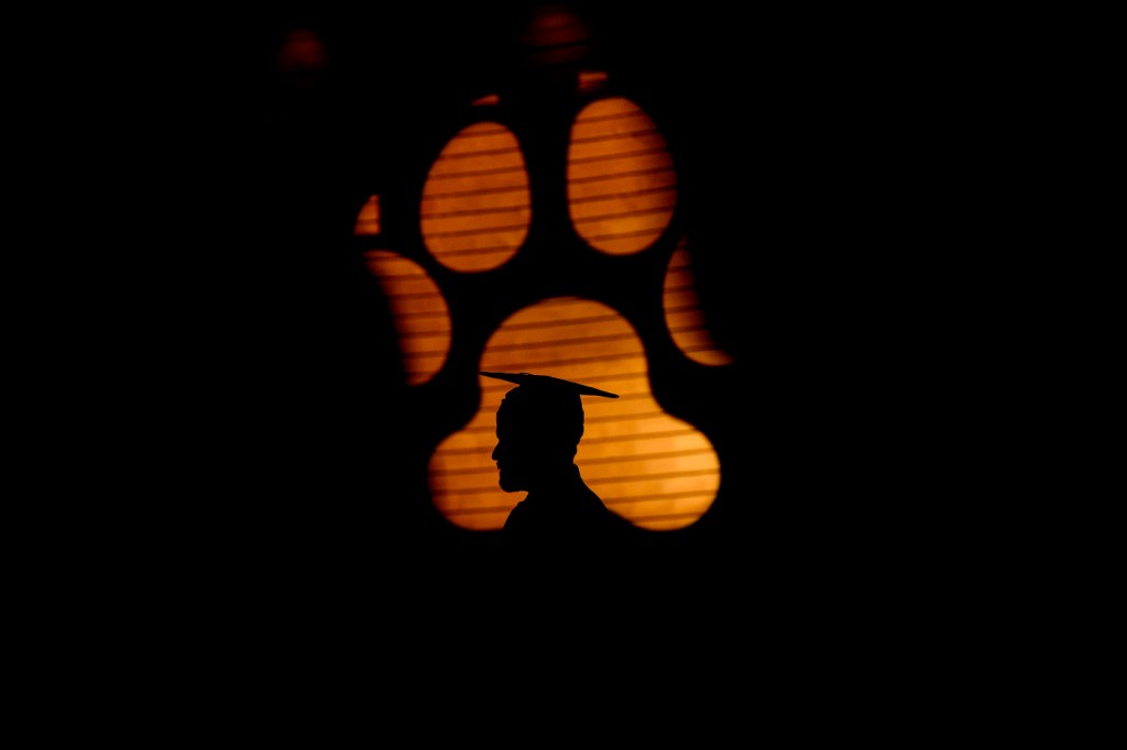 The silhouette of a student wearing a cap and gown in front of an orange paw logo.