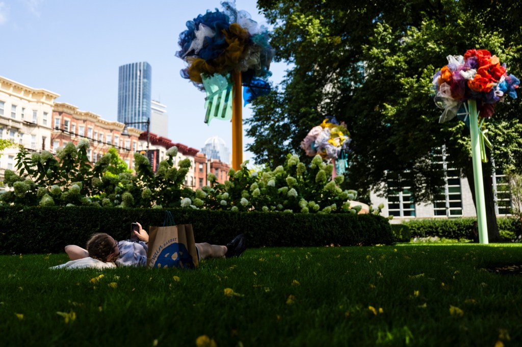 A person relaxing in the grass on the Boston campus.