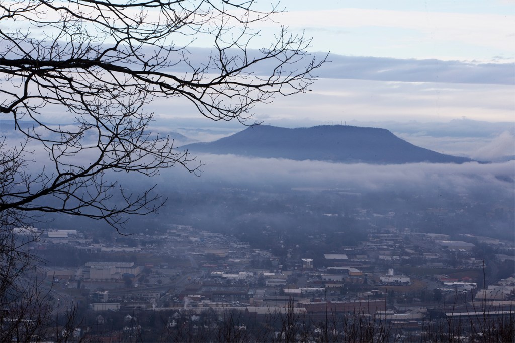 Tinker Mountain shrouded in fog.