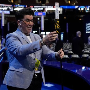 A social media influencer on the DNC floor.