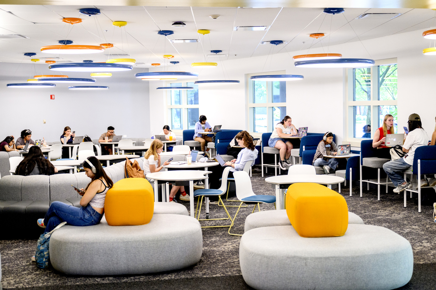 05/28/24 - BOSTON, MA. - Students study inside Shillman Hall on Northeastern's Boston campus on May 28, 2024. Photo by Matthew Modoono/Northeastern