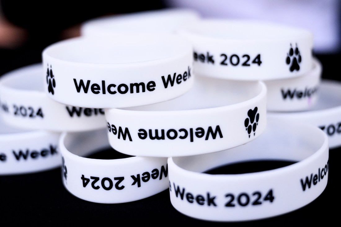 White rubber bracelets with black text: "Welcome Week 2024".