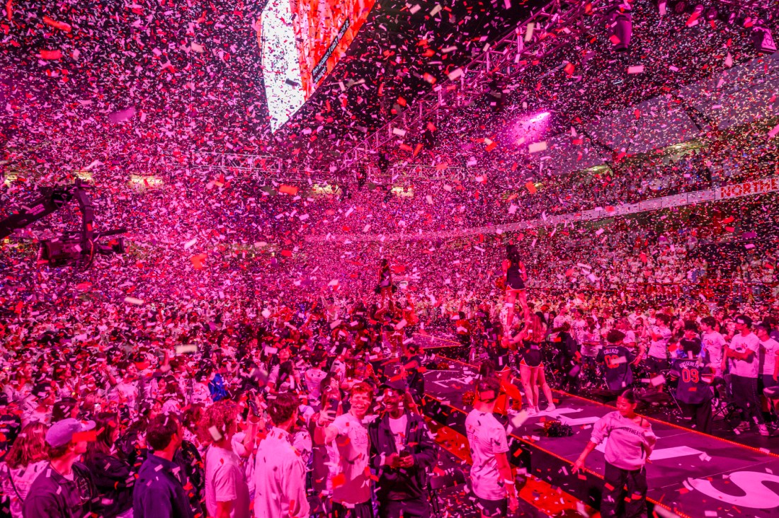 Confetti falling from the ceiling at Matthews Arena during the 2024 Convocation ceremony.