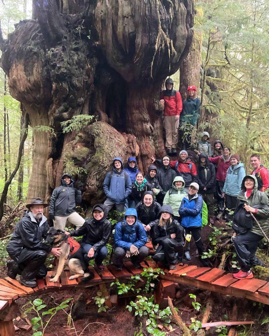 Students posing in front of a large, old-growth tree.