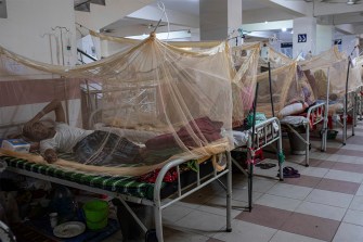 Patients lying in hospitals beds with mosquito nets around them.