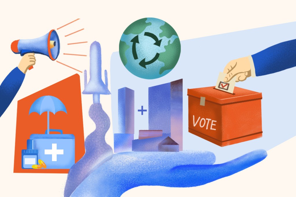 An illustration showing a hand with a megaphone, a globe with a recycle symbol on it, a medical care kit, various building and a rocket, and someone casting a ballot