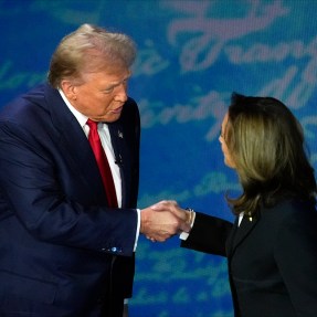 Kamala Harris shaking Donald Trump's hand before the debate.