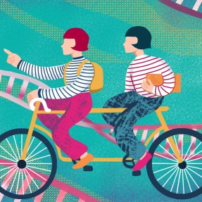 An illustration of two twins riding a tandem bicycle with strands of DNA in the background.