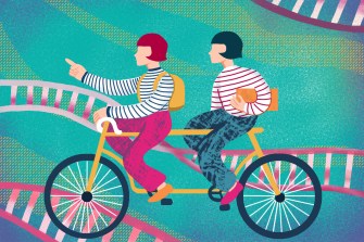 An illustration of two twins riding a tandem bicycle with strands of DNA in the background.