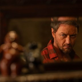 A screen capture from the movie 'Speak No Evil' that shows James McAvoy staring into a mirror wearing a red flannel shirt.