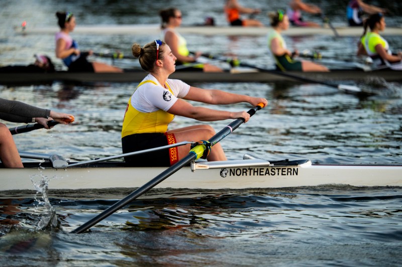 People in a boat rowing down a river.