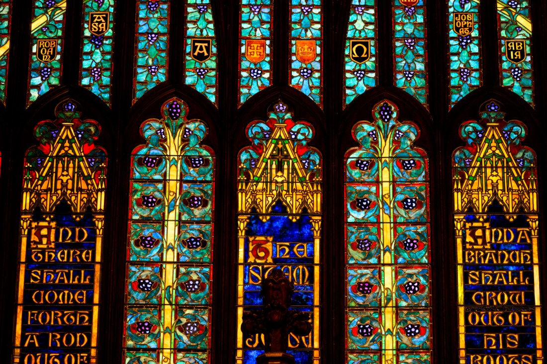 Stained glass windows inside the Fenway center.