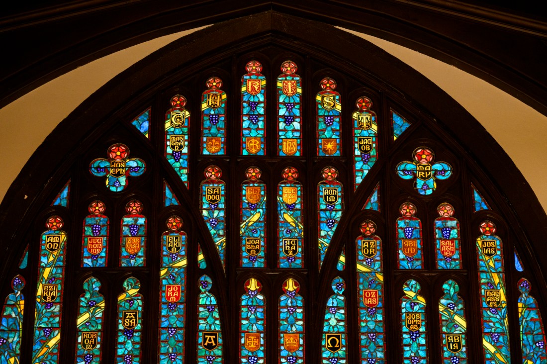 Stained glass windows inside the Fenway center.