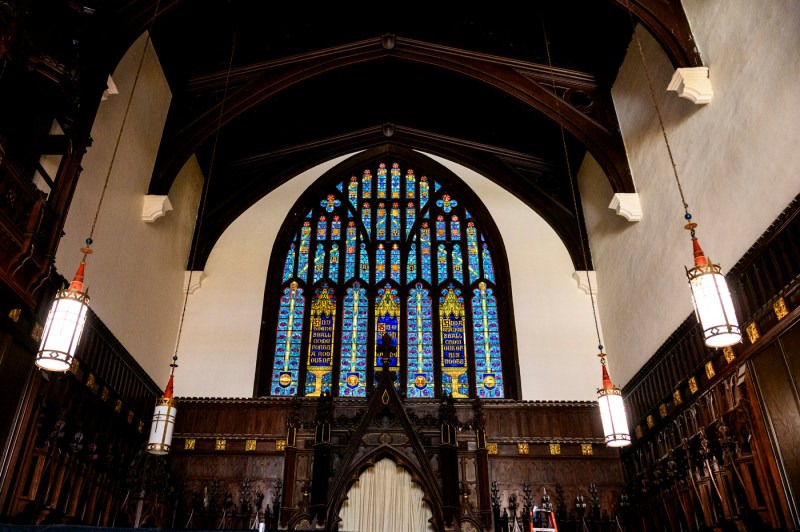 Stained glass windows inside the Fenway center.