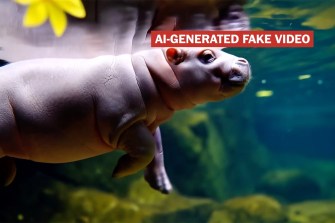 A screen capture of a hippo underwater with a red label on it that says 'AI-Generated Fake Video' in all caps.