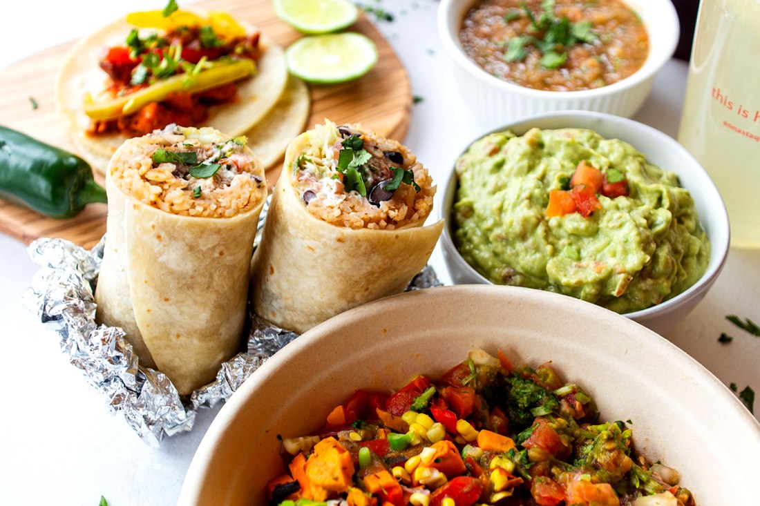 A photo of burritos and guac and a burrito bowl from Anna's Taqueria.