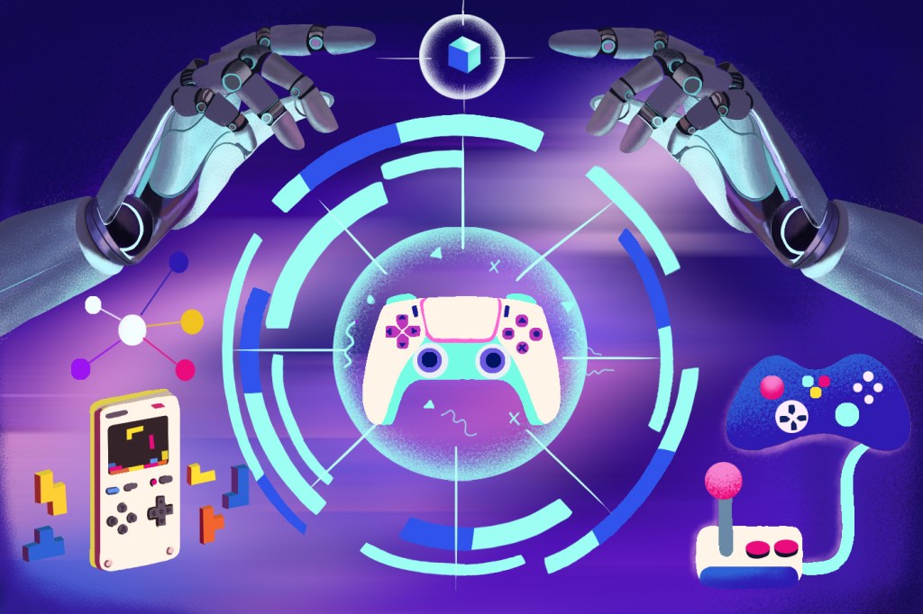 A graphic of several gaming consoles on a purple background.