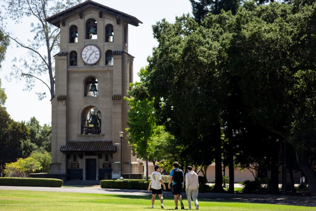 People walk near a clock tower surrounded by trees on a sunny day.