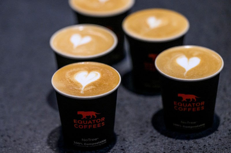 Five lattes on a counter with heart latte art on them.