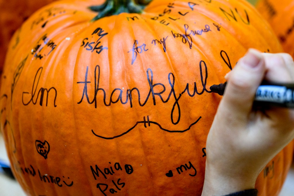 A close-up of a hand writing a message on a pumpkin surrounded by other handwritten notes.