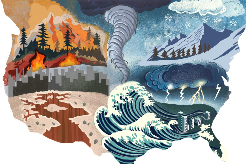 An illustration of various climate disasters, including forest fires, hurricanes, tornadoes, thunderstorms, and blizzards.